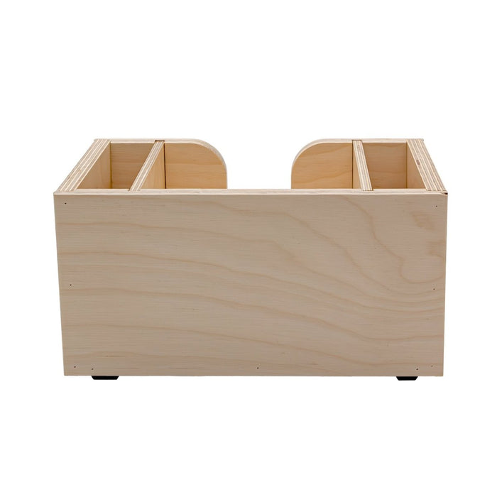 Wooden bar top napkin caddy with two compartments for storage on a white background