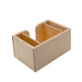 Wooden bar top napkin caddy with two compartments for storage on a white background