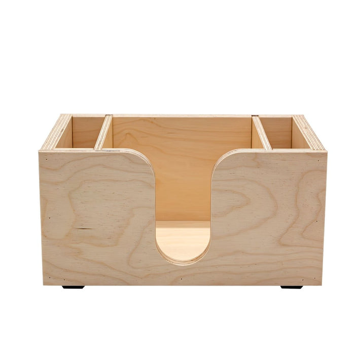 Wooden bar top napkin caddy with two compartments for storage on a white background