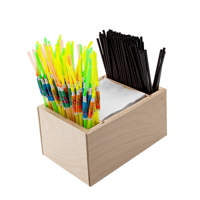 Wooden bar top napkin caddy with two compartments for storage on a white background