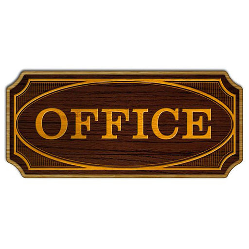 Wooden office sign with gold text on a white background