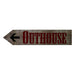 Wooden sign with 'Outhouse' text and arrow on a white background
