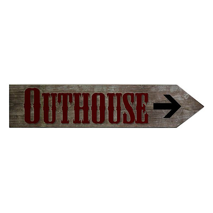 Wooden sign with 'Outhouse' text and arrow on a white background