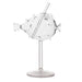 Clear glass fish-shaped cocktail glass with a straw on a white background
