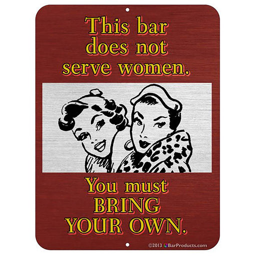Sign with vintage-style illustration and text on a red background