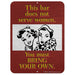 Sign with vintage-style illustration and text on a red background