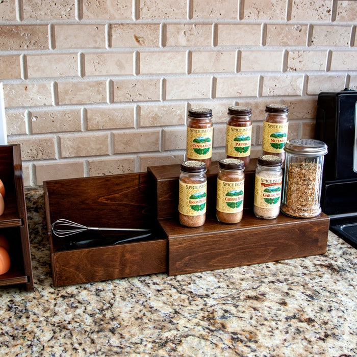 Wooden 2 Tier Shelf with Pull Out Storage for Space Saving Dark Walnut Stain 12 Inch Handcrafted in the USA Spices on shelves with drawer open in kitchen