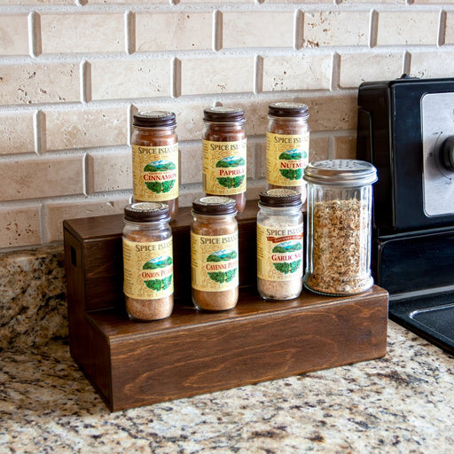 Wooden 2 Tier Shelf with Pull Out Storage for Space Saving Dark Walnut Stain 12 Inch Handcrafted in the USA with spices in kitchen