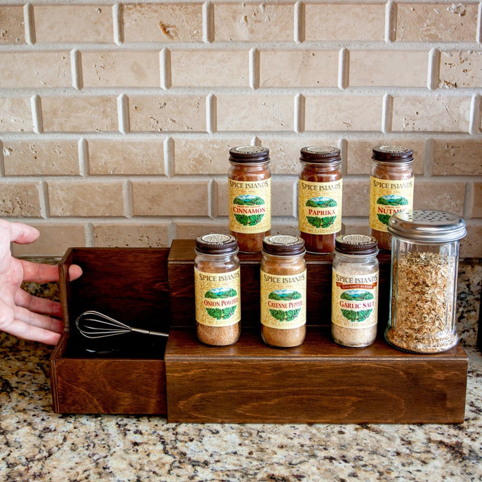 Wooden 2 Tier Shelf with Pull Out Storage for Space Saving Dark Walnut Stain 12 Inch Handcrafted in the USA with spices in kitchen with drawer open