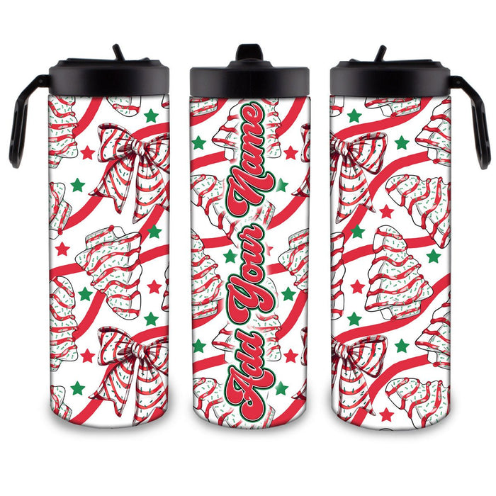 Three holiday-themed water bottles with candy cane and bow design on a white background.