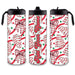 Three holiday-themed water bottles with candy cane and bow design on a white background.