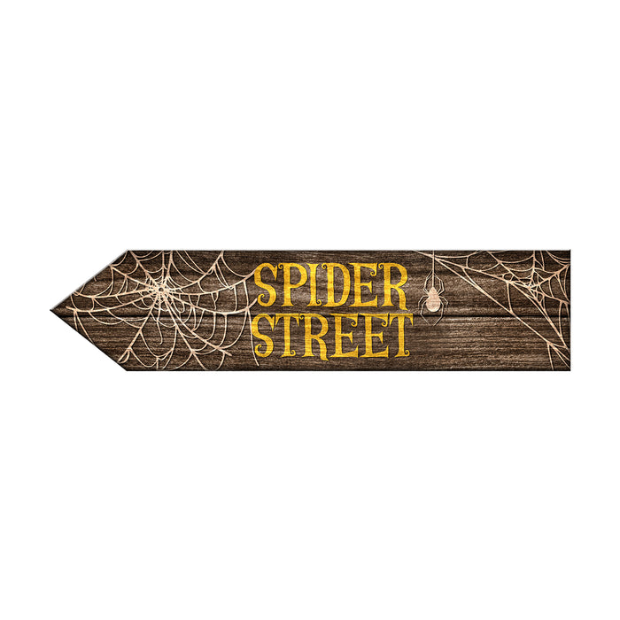 Wooden sign with 'Spider Street' text and spider web design on a white background