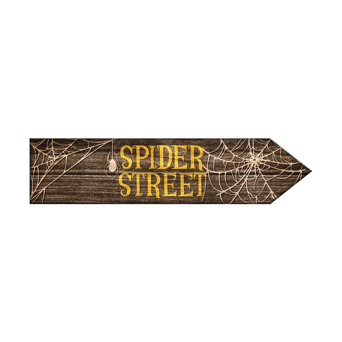 Wooden sign with 'Spider Street' text and spider web designs on a white background