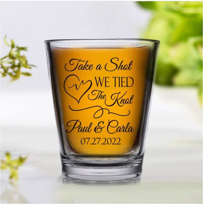 Customizable - 1.75oz Clear Shot Glass - Take a Shot We Tied The Knot Design - Scribble Heart - 12 Count