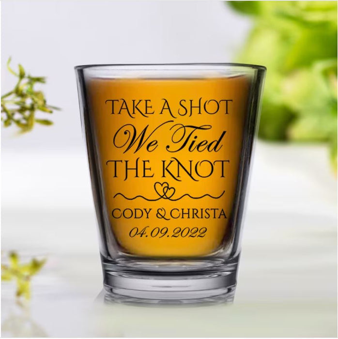 Customizable - 1.75oz Clear Shot Glass - Take a Shot We Tied The Knot Design - Two Hearts