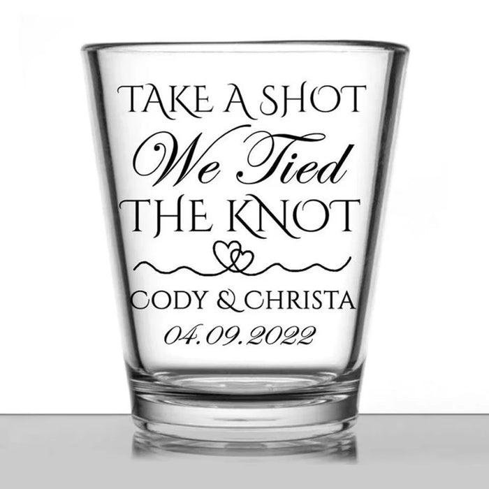 Customizable - 1.75oz Clear Shot Glass - Take a Shot We Tied The Knot Design - Two Hearts - 12 Count
