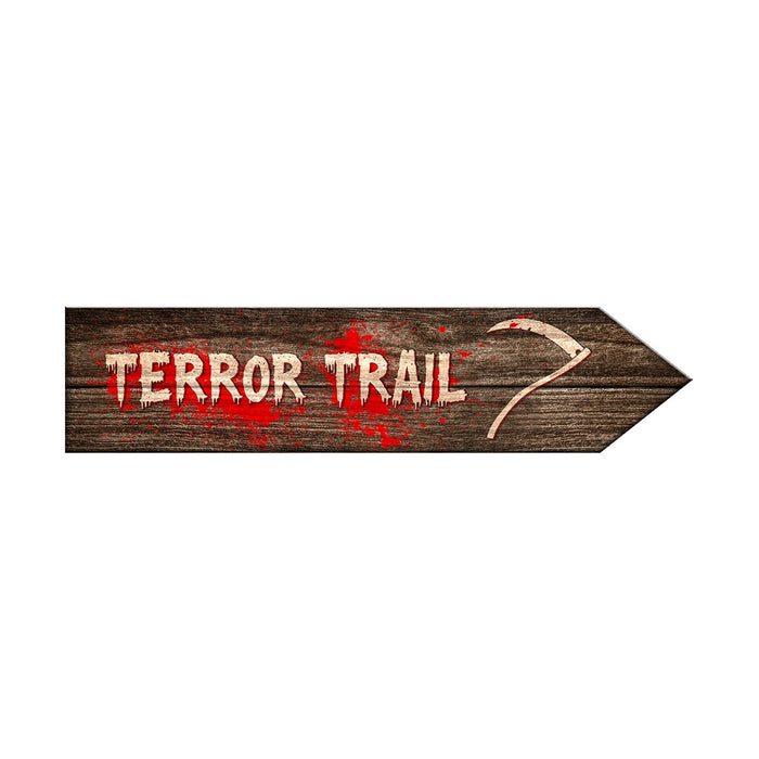 Wooden arrow sign with 'TERROR TRAIL' text and blood-like design on a white background