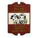 Wooden sign with vintage-style illustration and text about serving women.