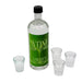 Bottle with a green label and four shot glasses on a white background