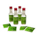 Four mini bottles with red caps and personalized labels 'A Tini Bit Older' on a white background.