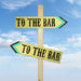 Two identical signs pointing to 'The Bar' against a blue sky.