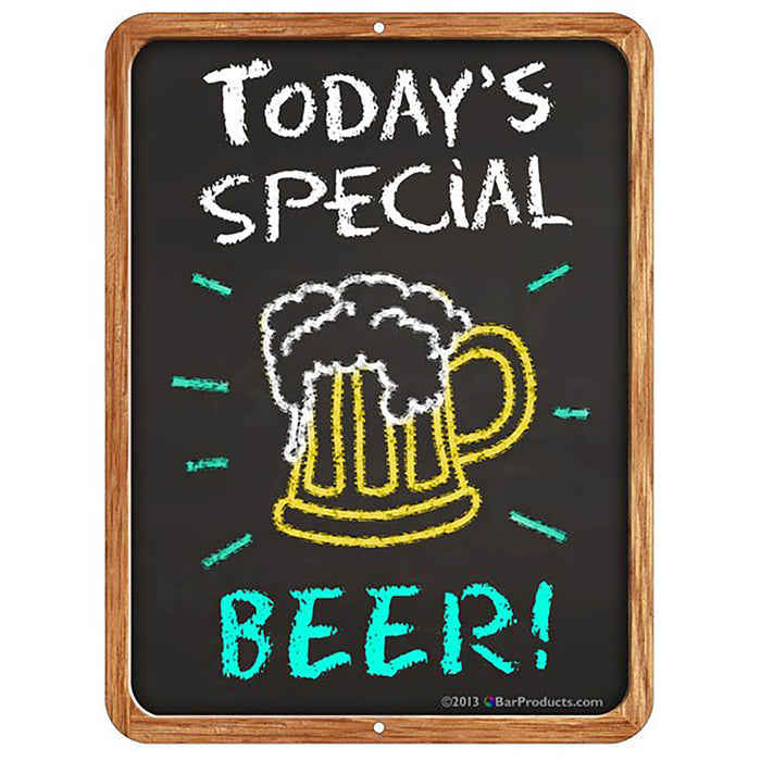 Chalkboard sign with 'Today's Special Beer!' text and a beer mug illustration.