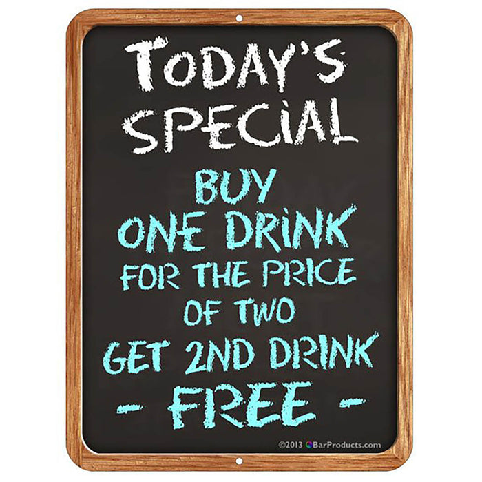 Chalkboard sign with promotional text for a drink offer