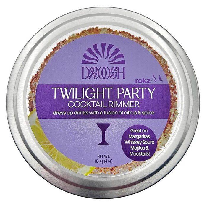 Droosh Twilight Party cocktail rimmer packaging with purple label and silver rim.