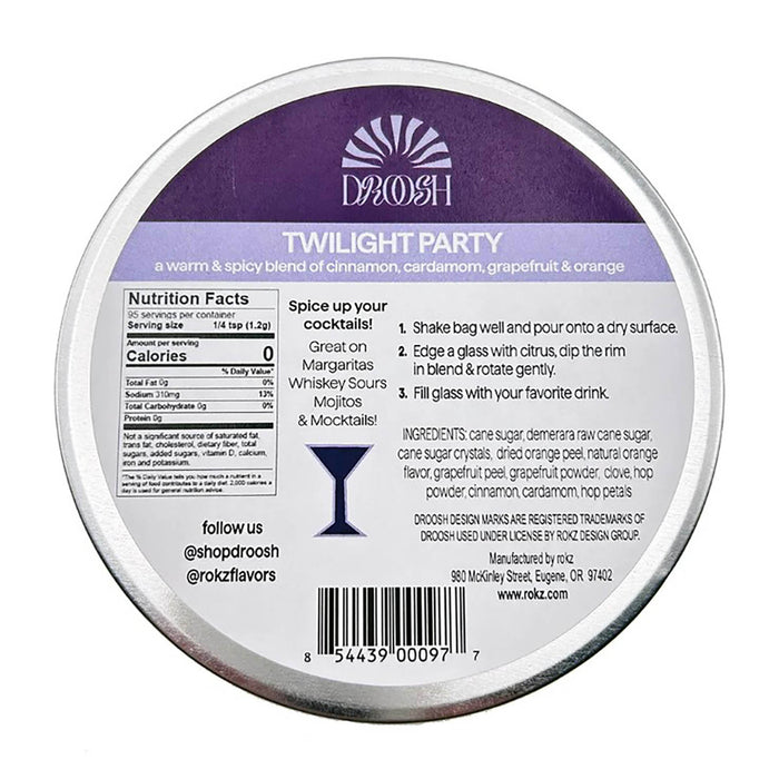 Back label of Droosh Twilight Party spice mix container with text and branding.