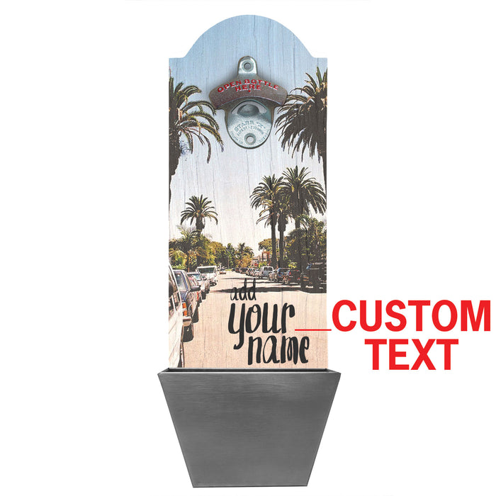 Wall-mounted bottle opener with palm tree design and text 'Add your name' on a white background