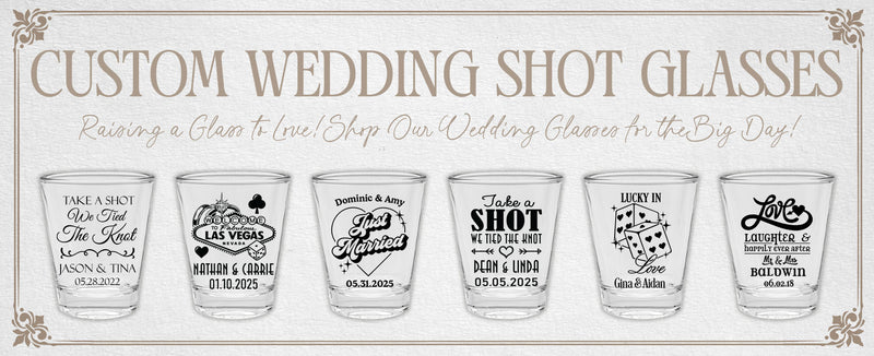 Set of six custom wedding shot glasses with various designs and text on a white background.