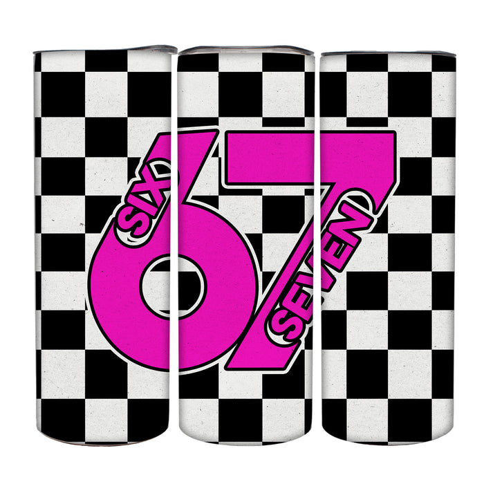 Three cylindrical containers with a checkered pattern and pink number '67' design.