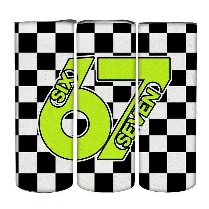 Three cylindrical containers with a checkered pattern and green text on a white background