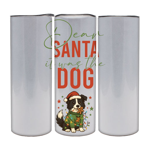 Three silver tumblers with a Christmas-themed design featuring a dog and text.