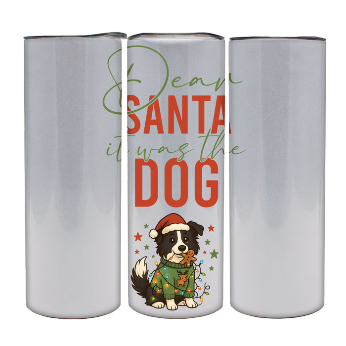 Three silver tumblers with a Christmas-themed design featuring a dog and text.