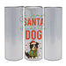 Three silver tumblers with a Christmas-themed design featuring a dog and text.