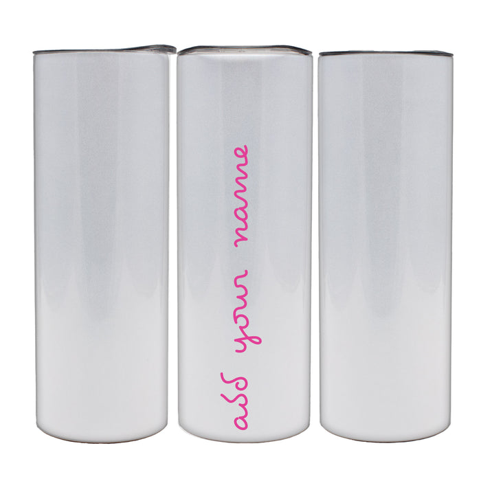Three white cylindrical containers with pink text on a white background