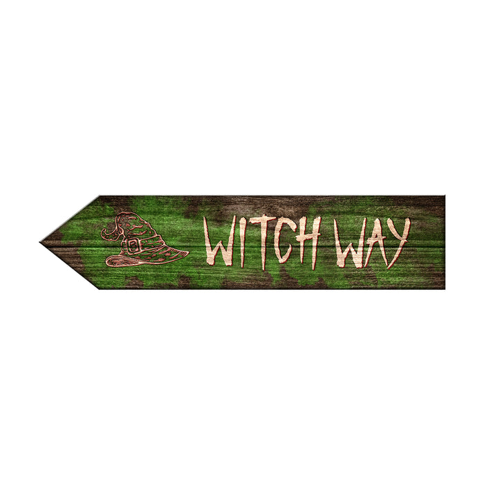 Wooden sign with 'Witch Way' text and a witch hat symbol on a white background