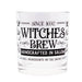Glass tumbler with 'Witches Brew' text on a white background