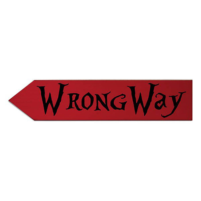 Red arrow sign with 'Wrong Way' text on a white background