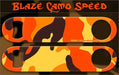 Two 'Blaze Camo Speed' product labels with a camouflage pattern on a dark background.