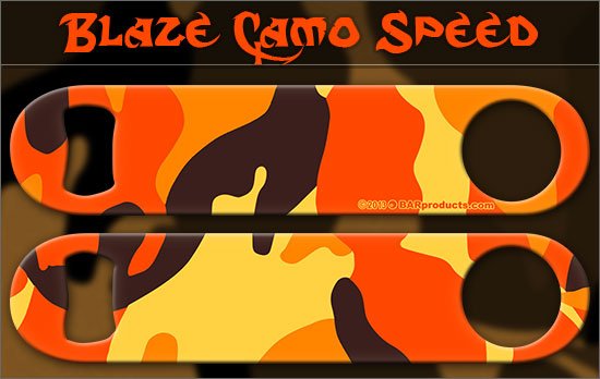 Two 'Blaze Camo Speed' product labels with a camouflage pattern on a dark background.