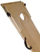 Wooden cornhole game with a rectangular cutout and metal handles on a white background