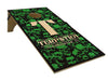 Cornhole board with green skull pattern and 'TERPSTRA' branding on a white background