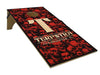 Cornhole board with red skull pattern and 'Terpstra' branding on a white background