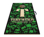 Cornhole board with green skull pattern and 'Terpstra' branding on a white background