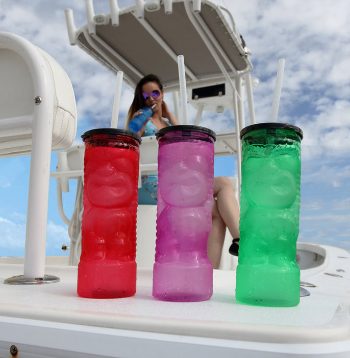 BarConic® Drinkware - Red Plastic Tiki Cup w/ Lid and Straw - 24 ounce