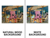 Cartoon octopus at a market stand with 'Natural Wood Background' and 'White Background' labels.