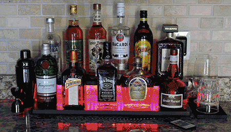 LED Counter Caddies™ - Walnut-Stained Straight Shelf - Liquor/Wine Bottle Display - bottles alcohol spirits