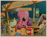 Cartoon octopus at a 'Oddities & More' stand with a colorful background